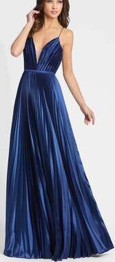 Mac Duggal Midnight Blue Pleated Satin Plunge Backless Formal Gown Size 8